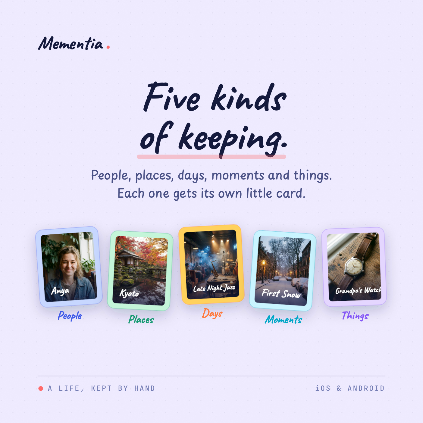 Five Mementia memory cards for a person, place, day, moment, and thing