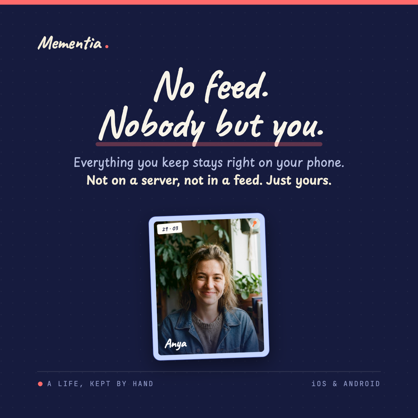 Mementia private offline journal card with no account and no social feed