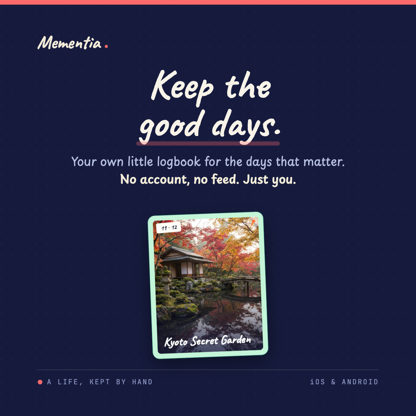 Mementia private photo journal app showing a Kyoto garden memory card