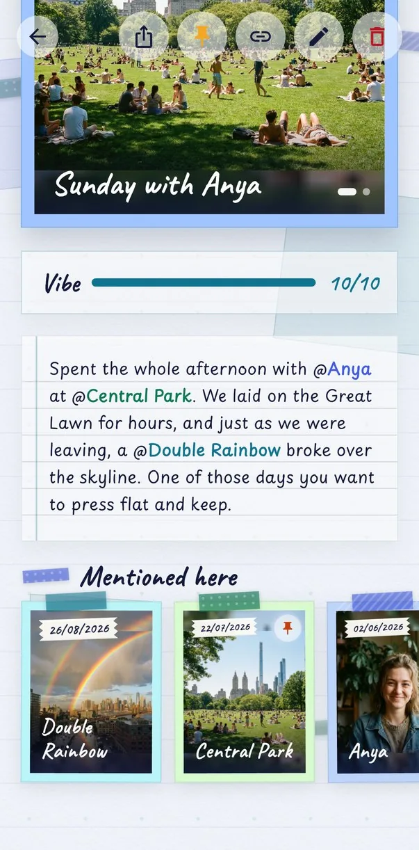 Scrapbook theme: a journal entry with linked memories