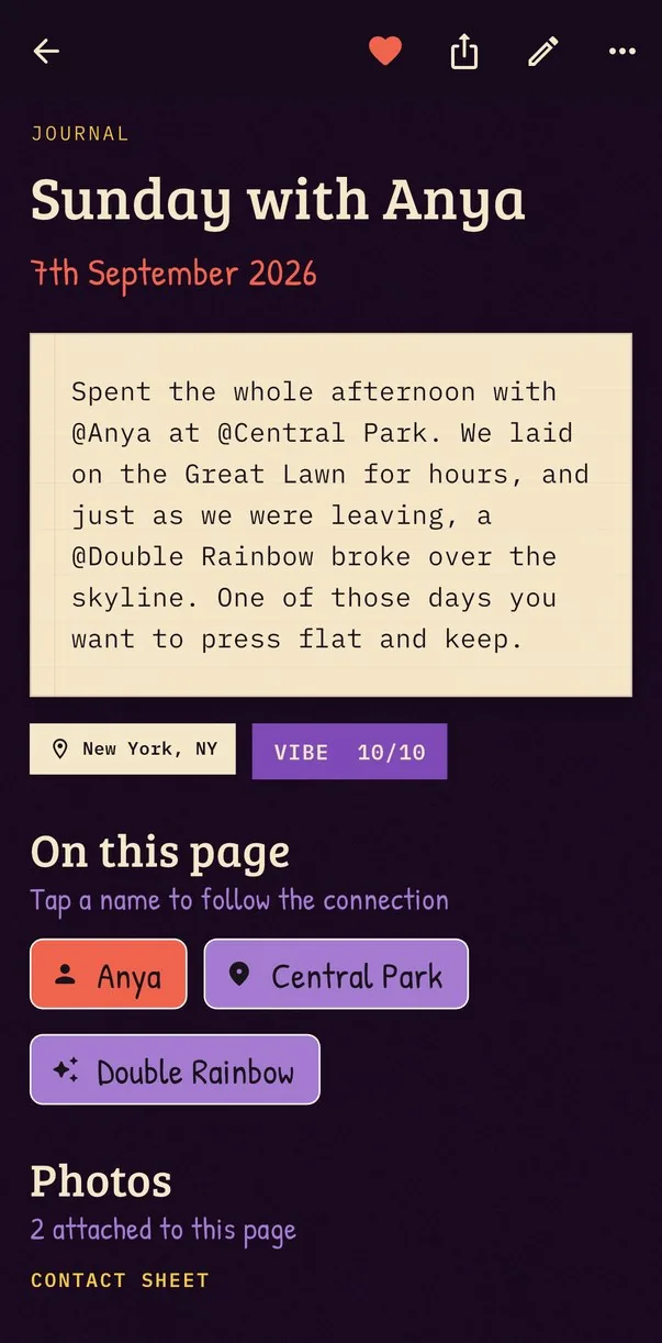 Stickers theme: a journal page with linked names